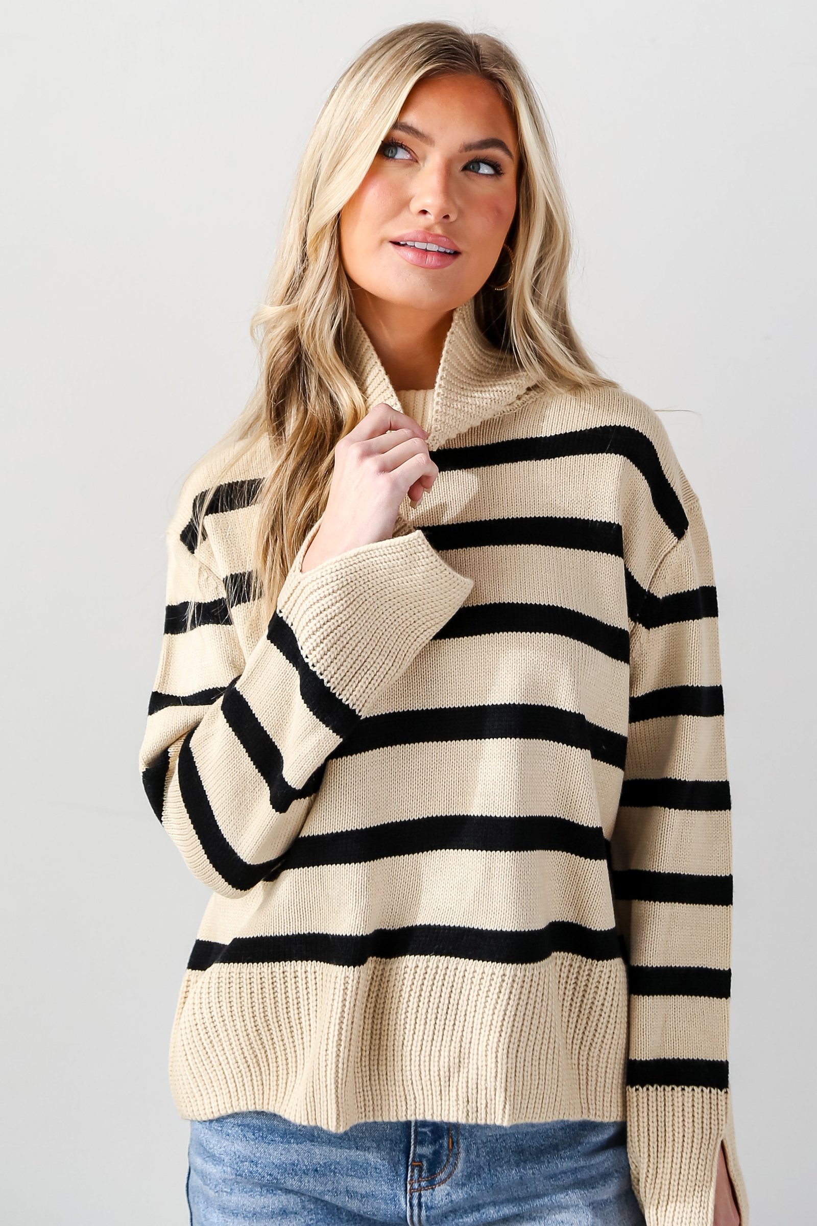 Signature Stunner Taupe Striped Turtleneck Sweater