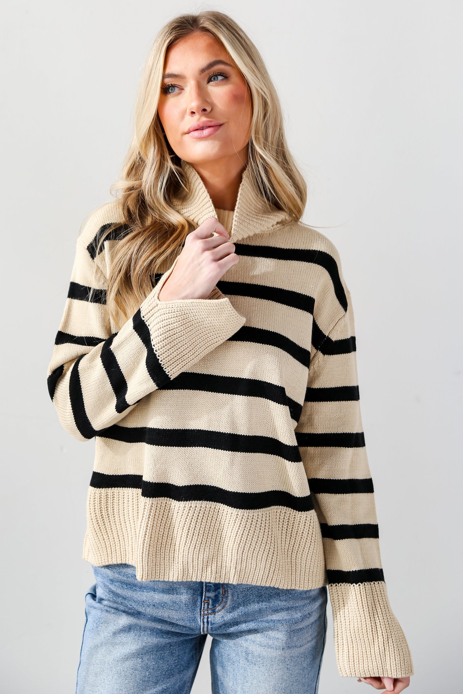 Signature Stunner Taupe Striped Turtleneck Sweater