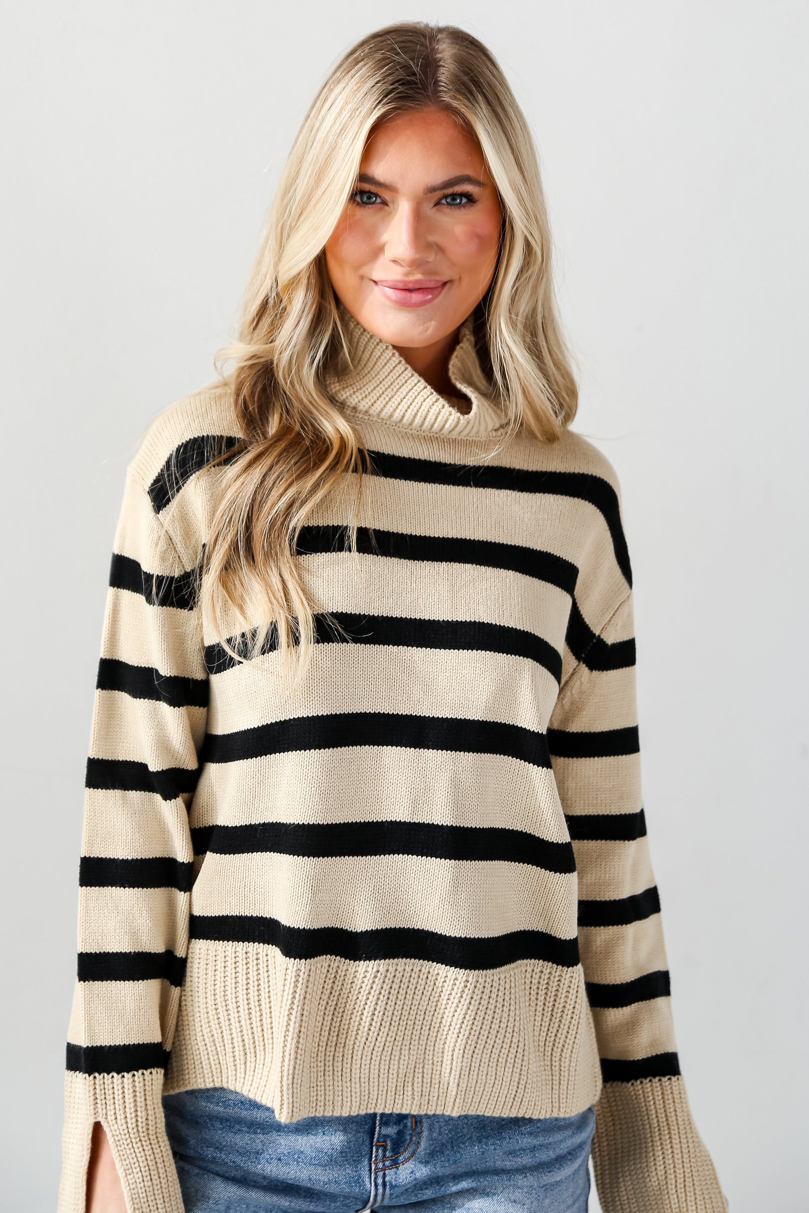 Signature Stunner Taupe Striped Turtleneck Sweater