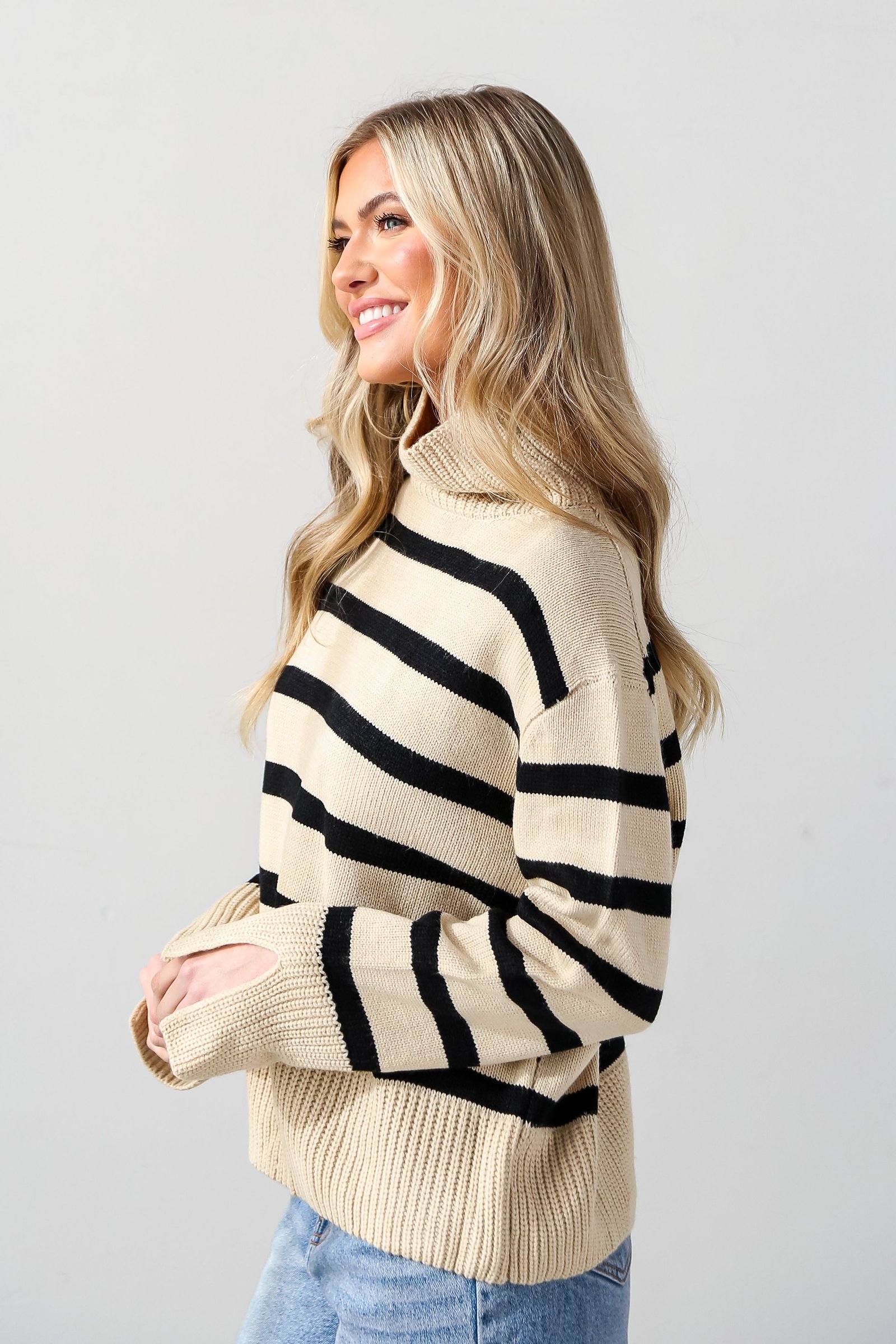 Signature Stunner Taupe Striped Turtleneck Sweater